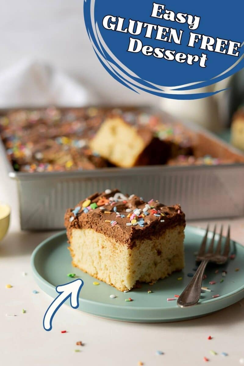 A slice of gluten free yellow cake with chocolate frosting and sprinkles sits on a plate with a fork; a pan of cake and scattered sprinkles appear in the background. Overlay text reads "Easy Gluten Free Dessert.