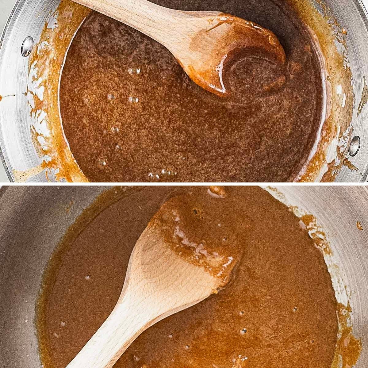 Two images show a wooden spoon stirring a brown caramel-like mixture in a metal pot, with the top mixture appearing grainy and the bottom one smooth.