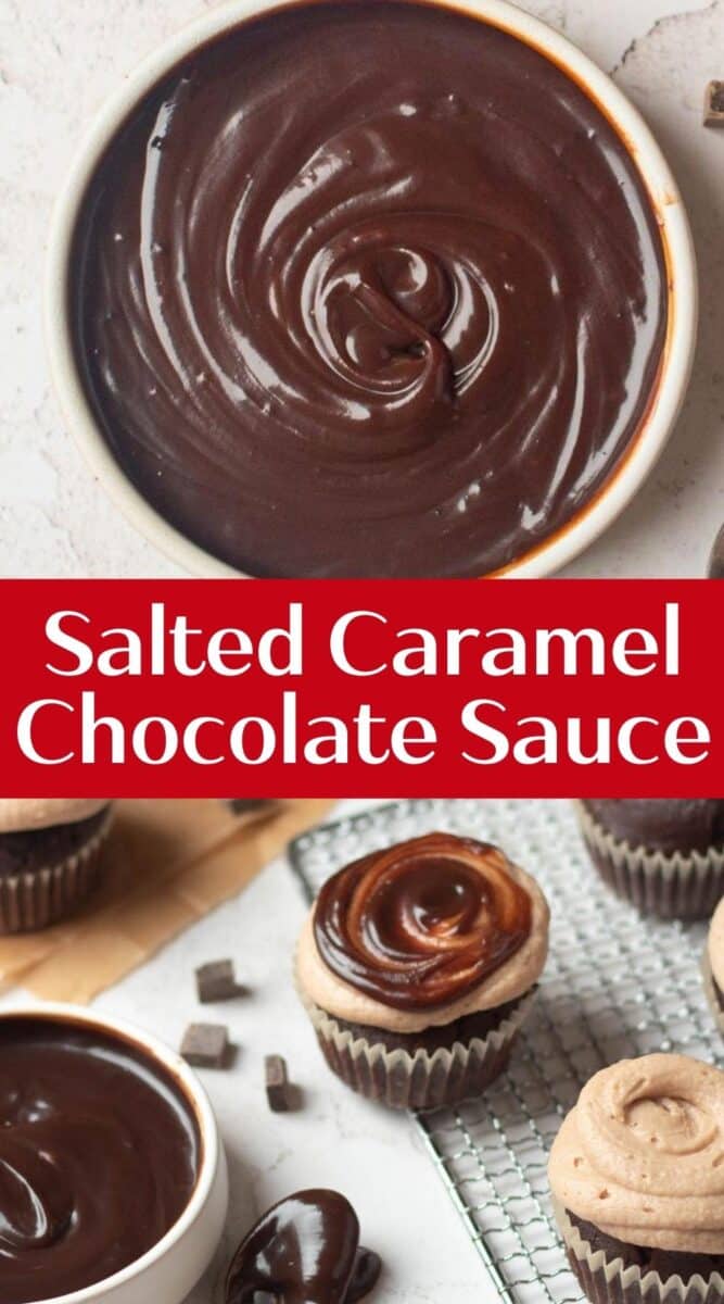 A bowl of glossy chocolate caramel sauce and chocolate cupcakes with rich chocolate and caramel frosting