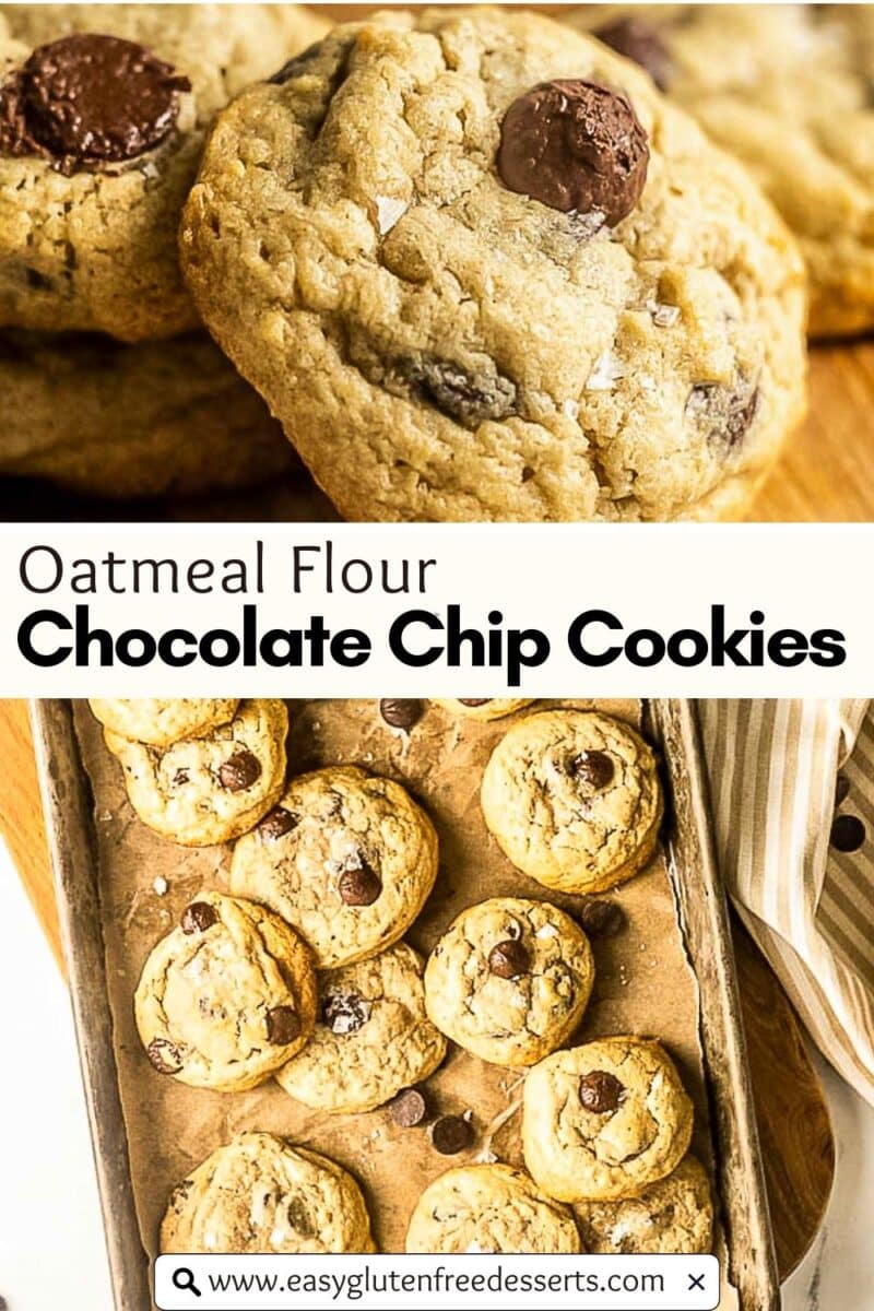 Close-up of oat flour chocolate chip cookies and a baking sheet filled with baked cookies, with a website link for easyglutenfreedesserts.com at the bottom.