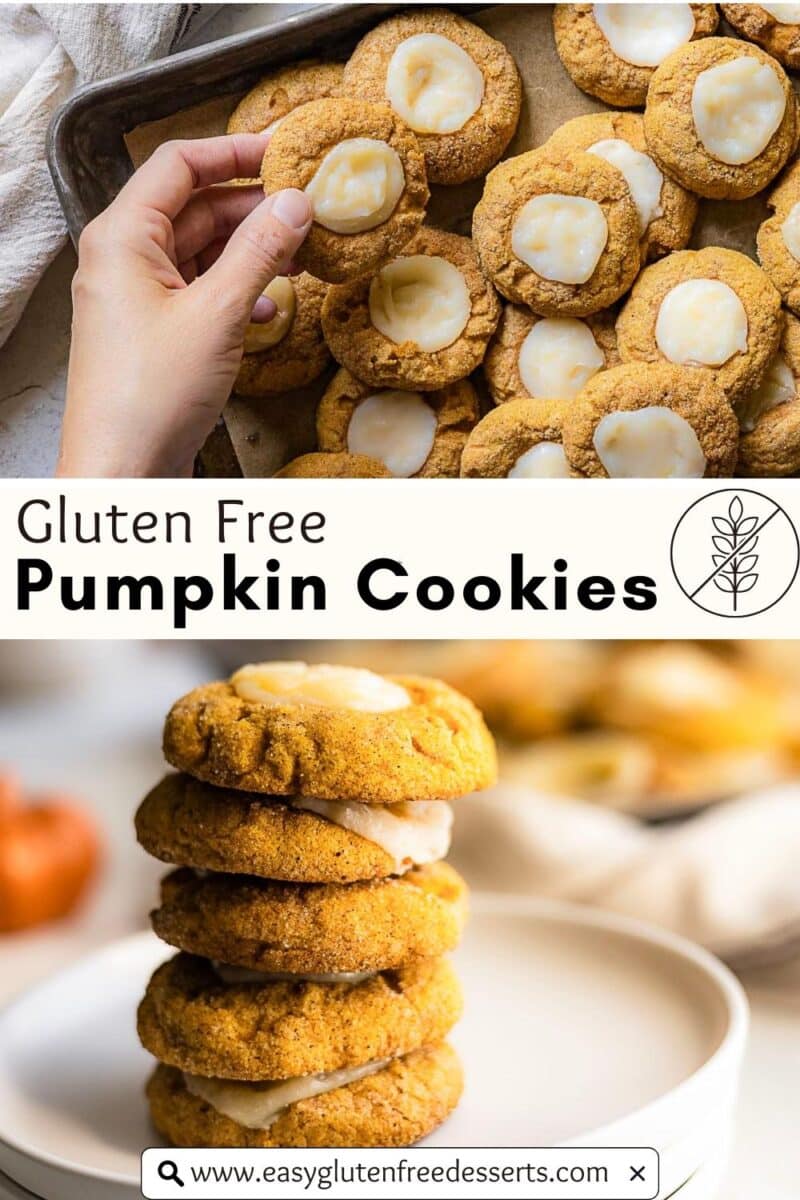 A hand picks up a gluten free pumpkin cookie with icing from a tray; below, a plate holds a stack of gluten free pumpkin cookies.