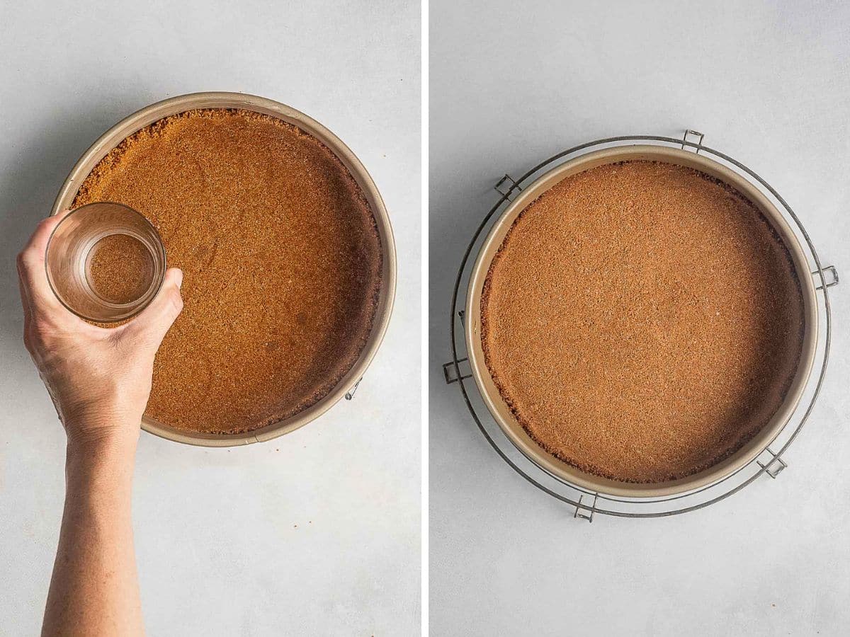 A hand presses a crumb crust for gluten free pumpkin cheesecake into a round baking pan with a glass; next to it is the finished pressed crust in the pan on a light surface.