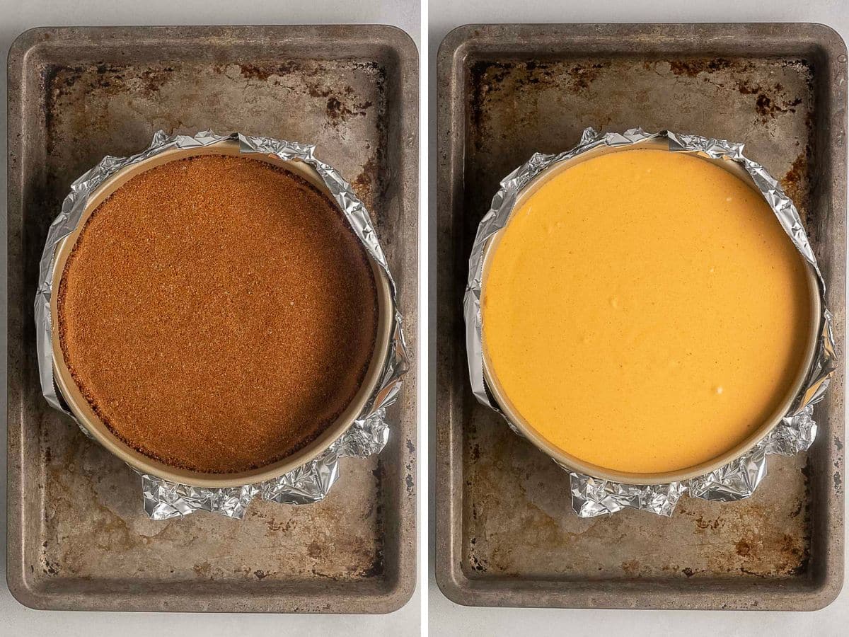 Side-by-side images show a cheesecake in a springform pan: left, with a baked crust; right, with cheesecake batter poured over the crust, both on a baking sheet lined with foil.