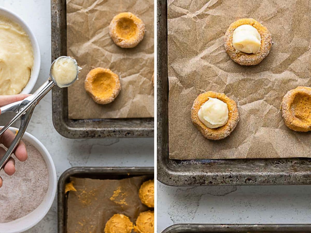 Two-panel image: cookie dough balls with indentations are placed on a parchment-lined baking sheet; one panel shows dough being scooped and the other shows filled cookies ready to bake.