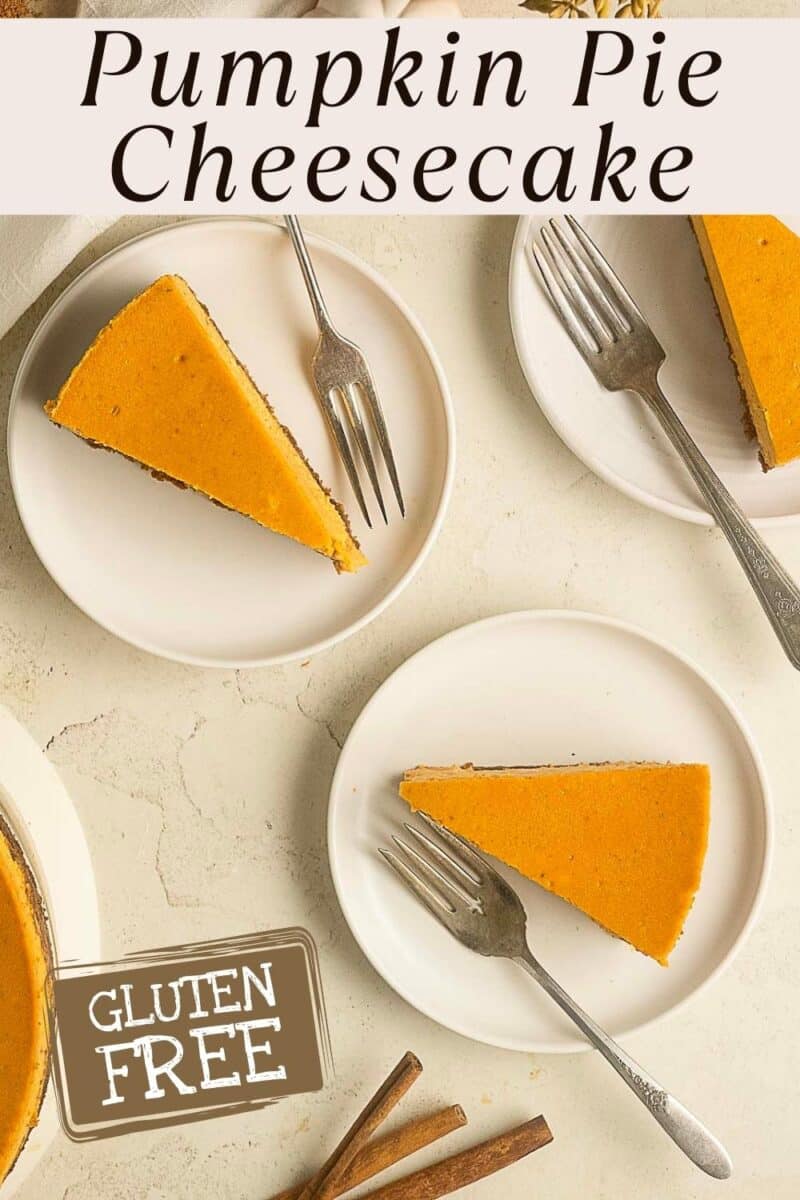 Four slices of gluten free pumpkin cheesecake on white plates with forks, labeled "Gluten Free" at the bottom left.