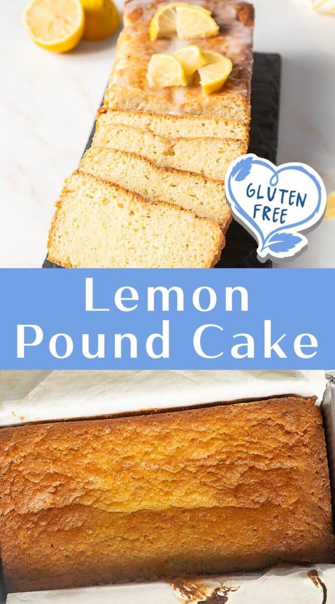 Gluten free lemon pound cake topped with fresh lemon slices and glaze, sliced on a tray, with the whole cake displayed below in a lined baking pan.