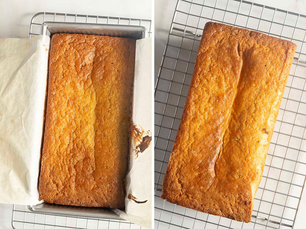 Two images of a golden-brown gluten free lemon pound cake: one in a baking pan lined with parchment paper, and one cooled on a wire rack.