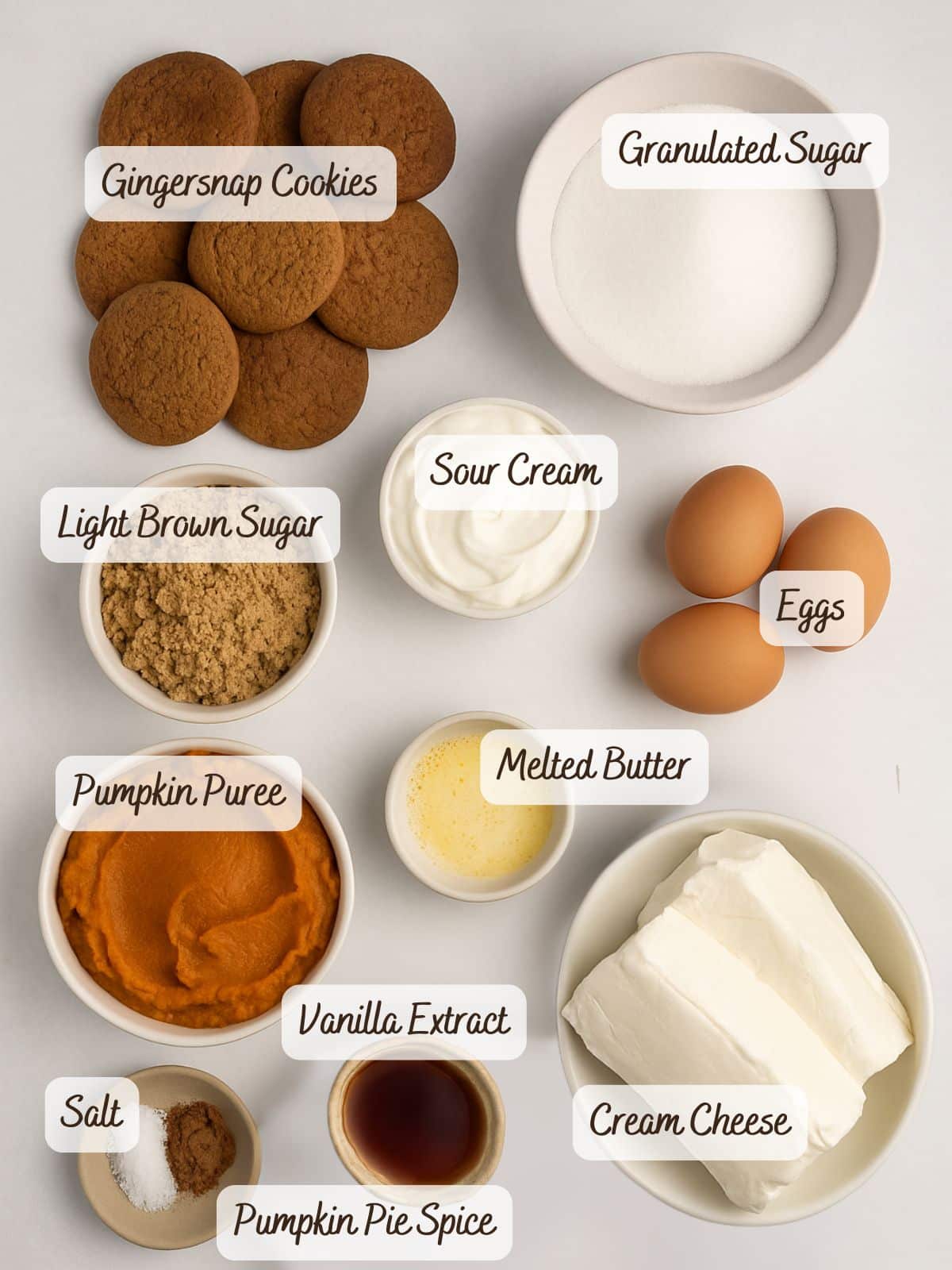 Top-down view of ingredients for gluten free pumpkin cheesecake-gingersnap cookies, sugars, sour cream, eggs, pumpkin puree, melted butter, cream cheese, salt, vanilla extract, and pumpkin pie spice.