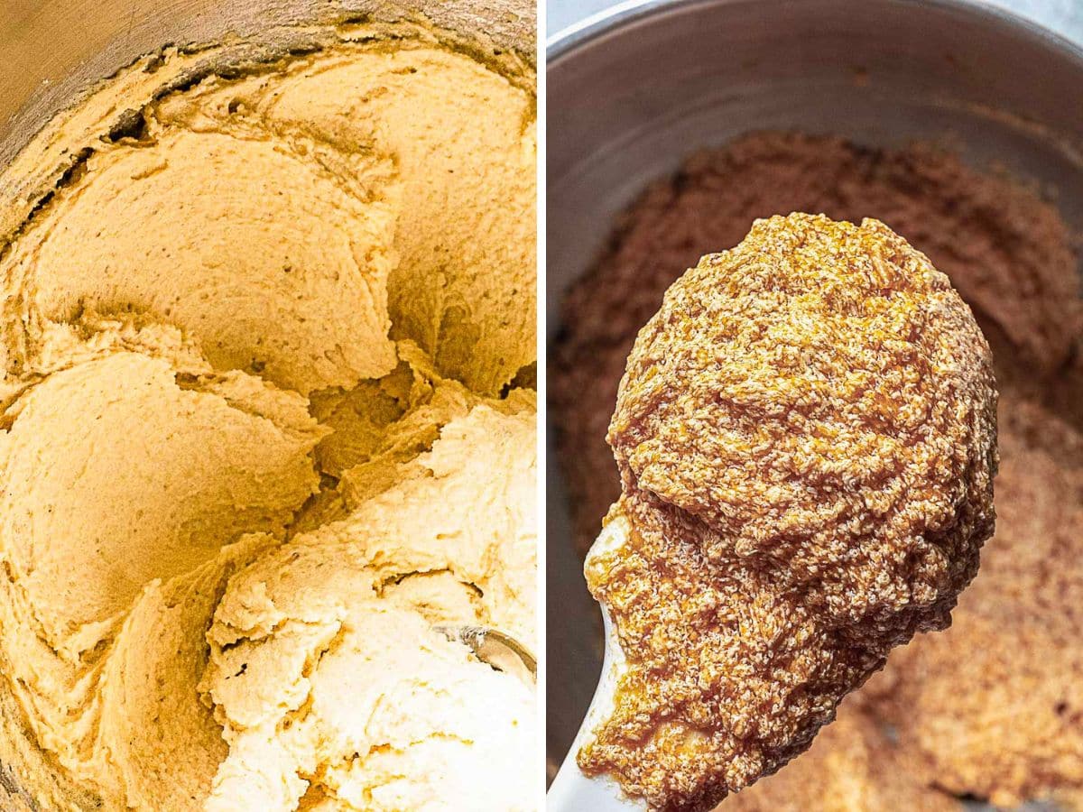 Side-by-side comparison of creamed butter and sugar mixture on the left, and a dark, thick batter on a spoon over a mixing bowl on the right.