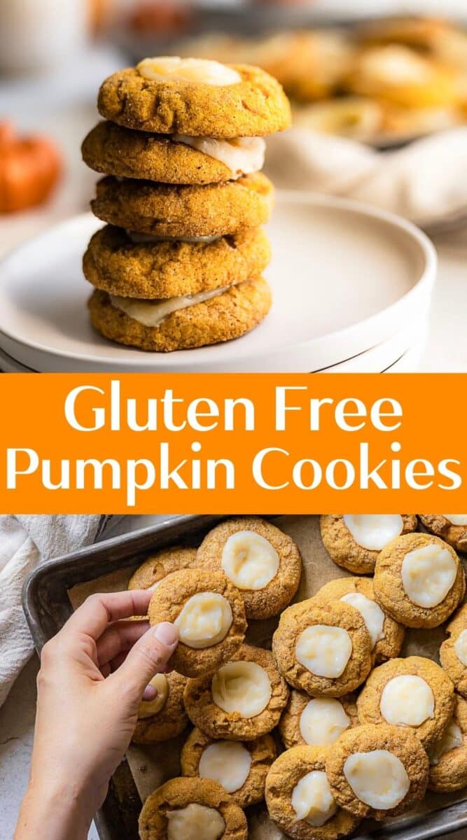 A stack of delicious gluten free pumpkin cookies with icing sits on a plate; more gluten free pumpkin cookies are arranged on a tray