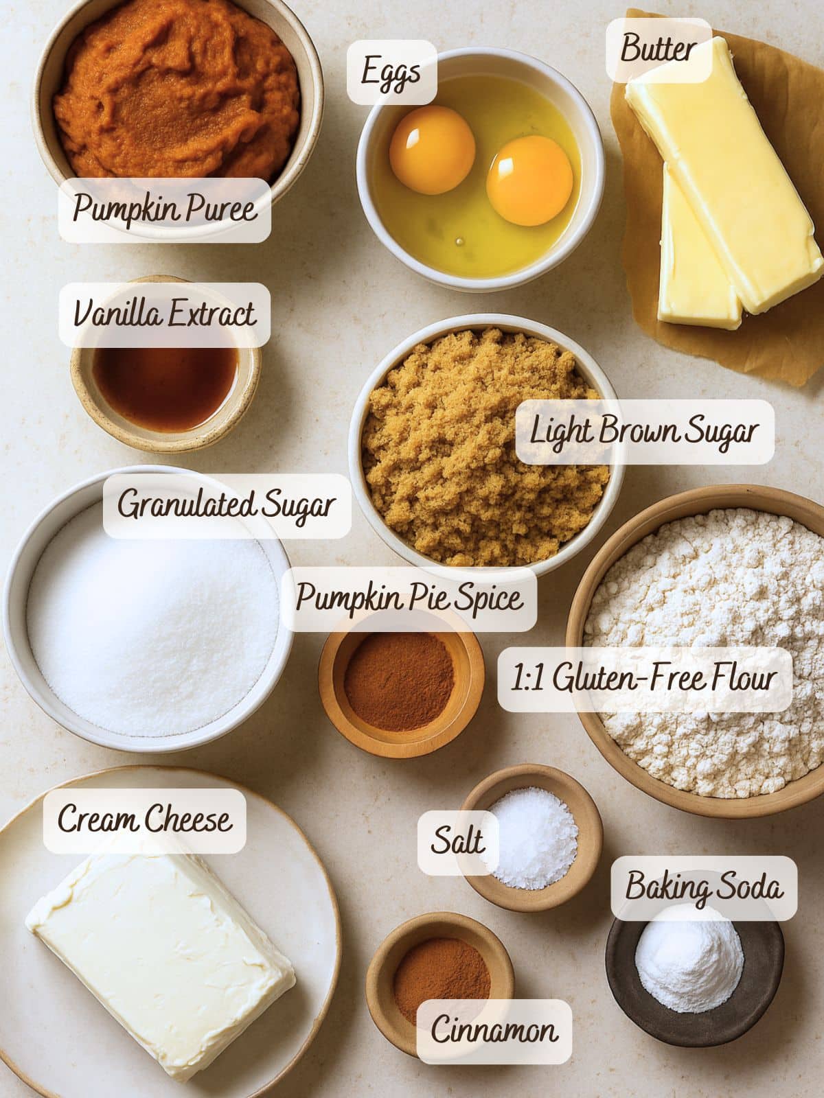 Top-down view of labeled baking ingredients for gluten free pumpkin cookies, including pumpkin puree, eggs, butter, sugars, vanilla, cream cheese, spices, gluten-free flour, salt, and baking soda on a light surface.