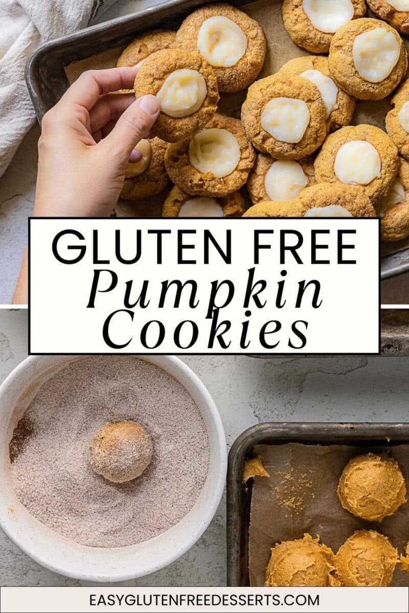 A hand picks up an iced gluten free pumpkin cookie from a tray; below, dough balls are being rolled in cinnamon sugar before baking.