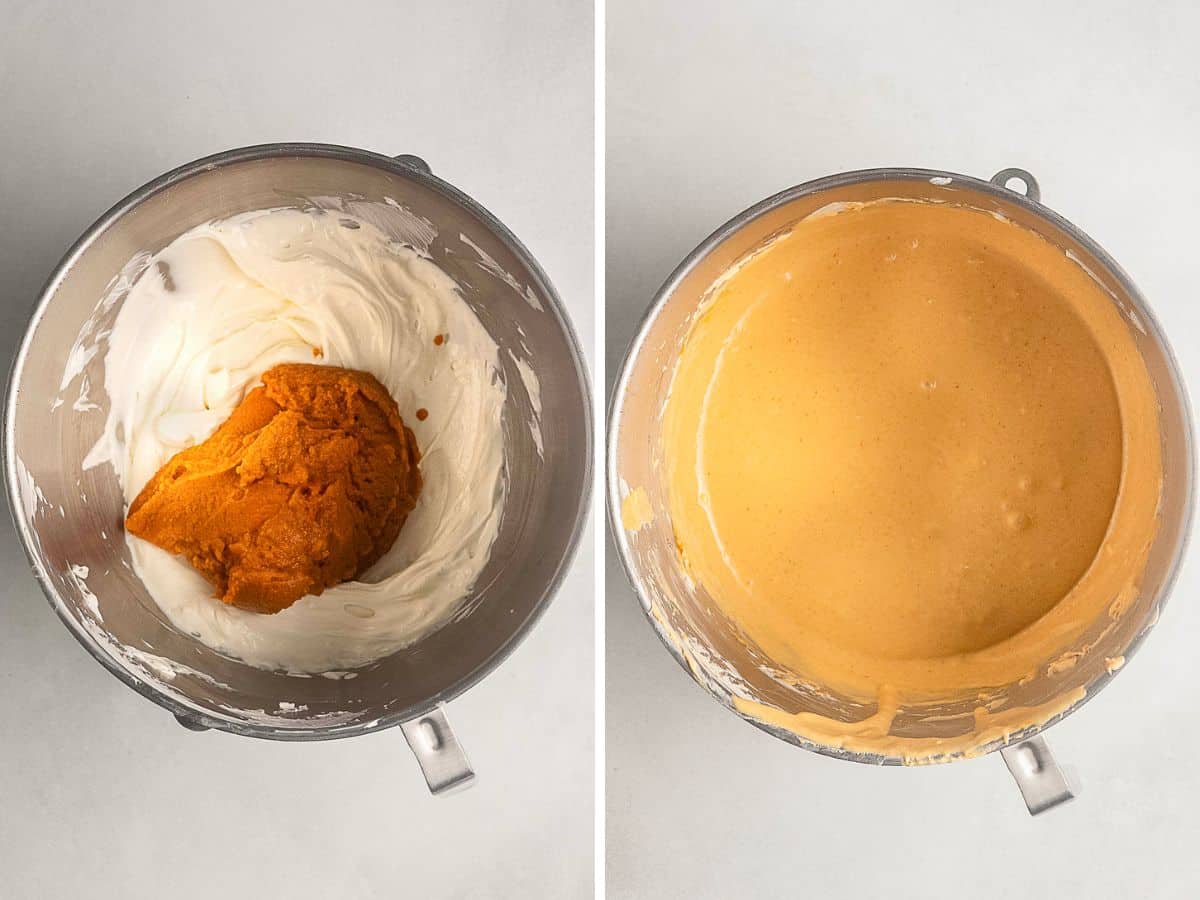 Side-by-side images of a mixing bowl: left shows whipped cream and pumpkin puree; right shows the ingredients mixed into a smooth, orange batter.