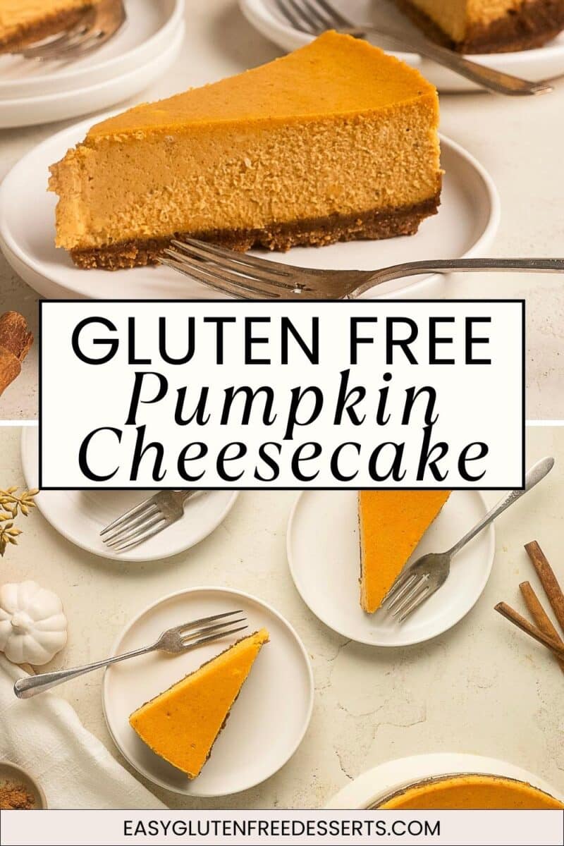 Slices of gluten free pumpkin cheesecake on white plates with forks, cinnamon sticks, and a small pumpkin rest on a light surface.
