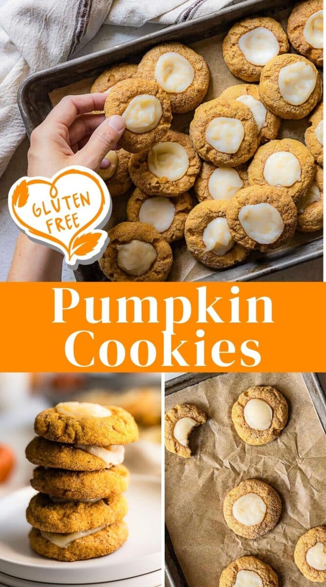 A tray of gluten free pumpkin cookies with white icing, labeled gluten free; stacked and single cookies are displayed on plates and parchment paper.