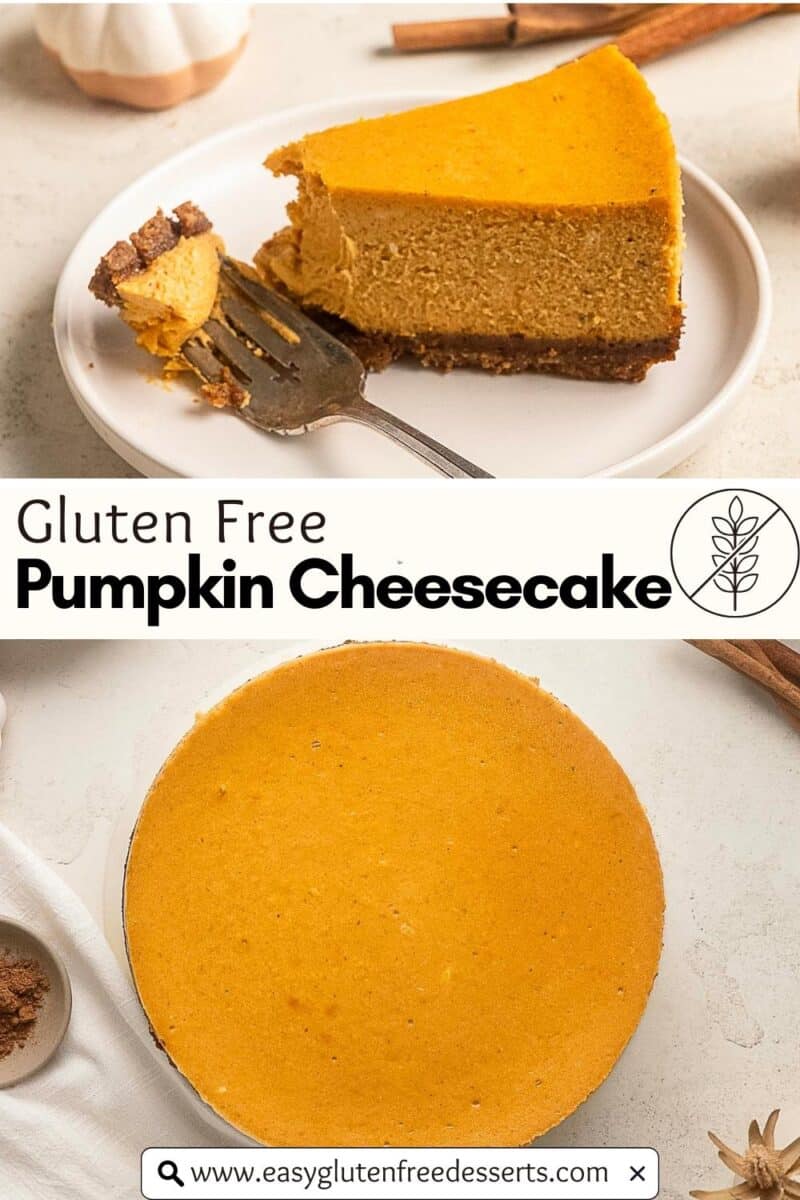 A slice of gluten free pumpkin cheesecake sits on a plate with a fork, while the rest of the creamy, spiced cheesecake is shown from above.