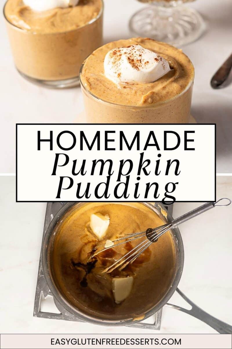 Two glasses of pumpkin pudding topped with whipped cream sit above a pot of creamy pumpkin pudding being mixed with butter and vanilla.