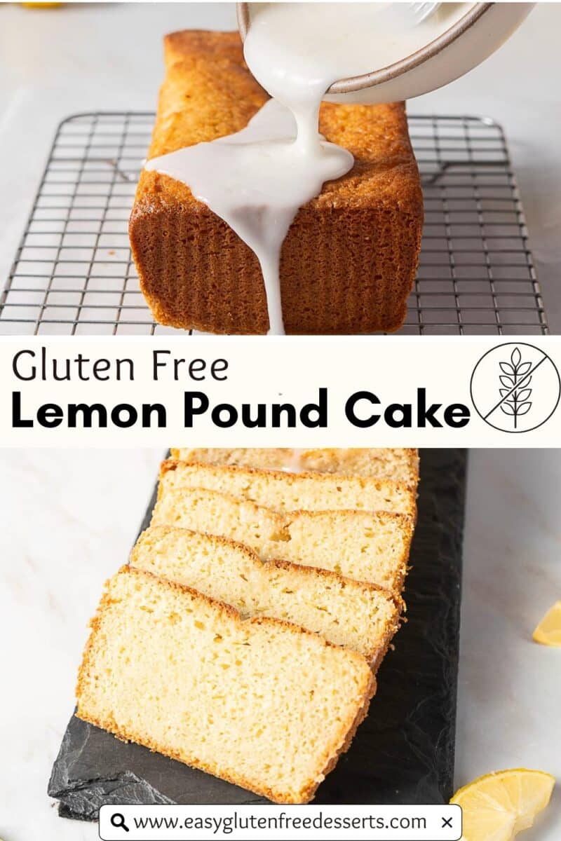 Glaze is being poured onto a freshly baked gluten free lemon pound cake on a cooling rack, with several slices of the moist, zesty cake arranged on a slate board.