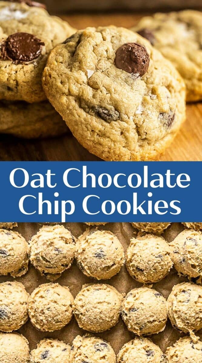 Close-up of oat flour chocolate chip cookies stacked on top of each other, with a row of freshly baked cookies arranged neatly below. Text reads "Oat Chocolate Chip Cookies.