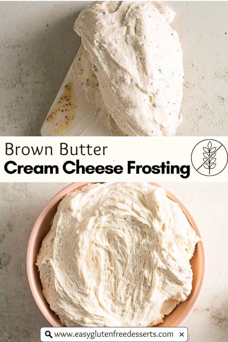 Two images of luscious Brown Butter Cream Cheese Frosting—one showcased on a spatula, the other in a mixing bowl