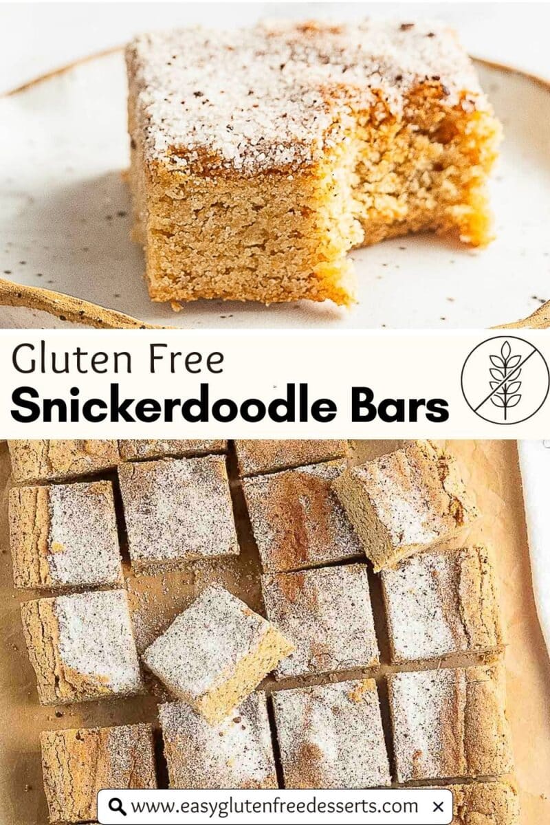 Two images showcase gluten free snickerdoodle bars: a close-up of a bar with a bite taken out, and an overhead view of several bars cut into squares on parchment paper.