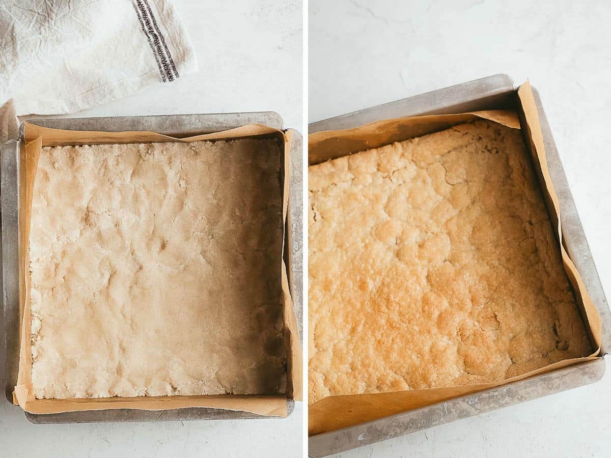 Split image showing an unbaked and baked gluten free millionaire shortbread crust in a parchment-lined square baking pan on a light surface.