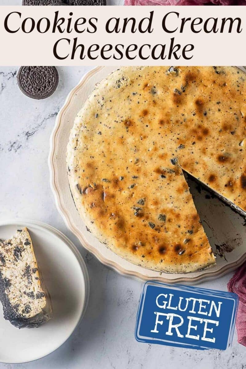 Overhead view of a Gluten Free Oreo Cheesecake with one slice served on a plate, showcasing its rich cookies and cream layers, and labeled as gluten free.