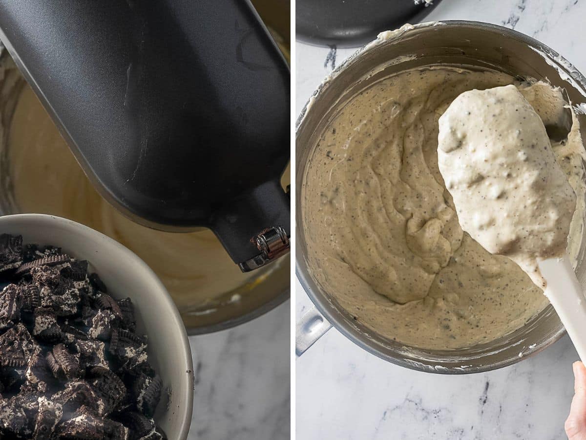 Close-up of crushed cookies being added to a mixing bowl with batter on the left; on the right, a spatula lifts creamy, cookie-filled batter from the bowl.