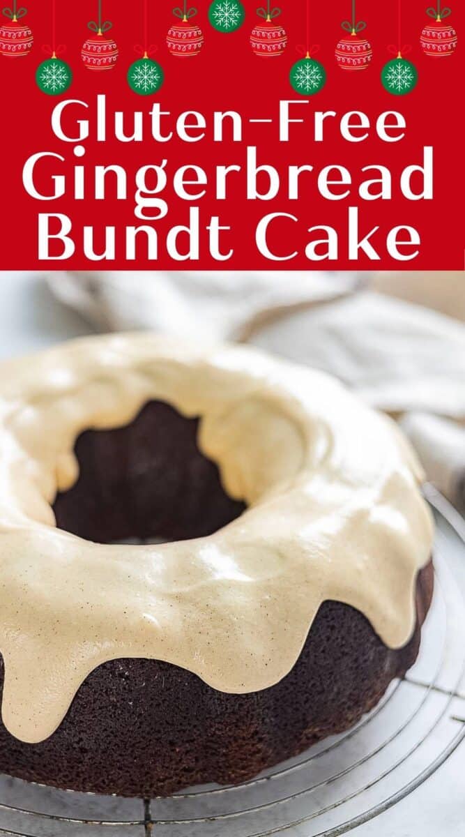A gluten free gingerbread cake shaped as a bundt, with light-colored icing elegantly dripped over the top, displayed on a wire rack.