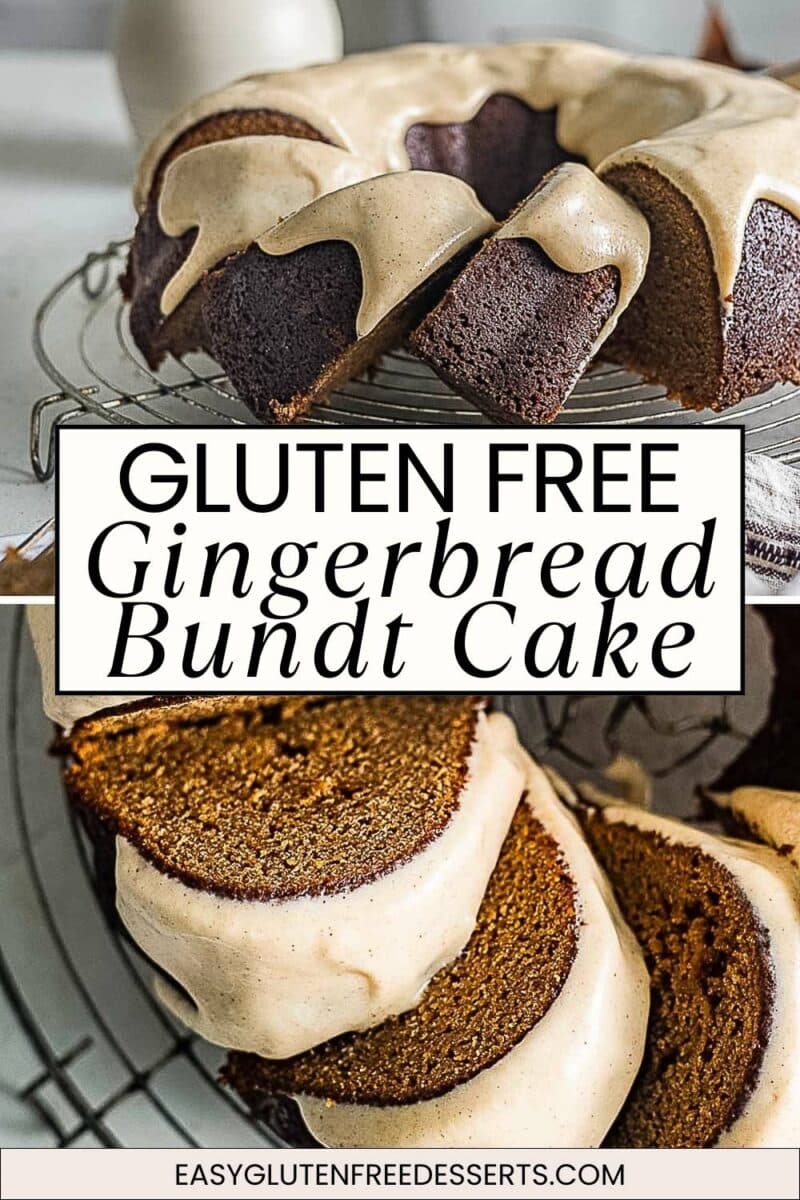 A sliced gluten free gingerbread cake bundt with light brown icing, displayed on a cooling rack. Text overlay reads "Gluten Free Gingerbread Bundt Cake.