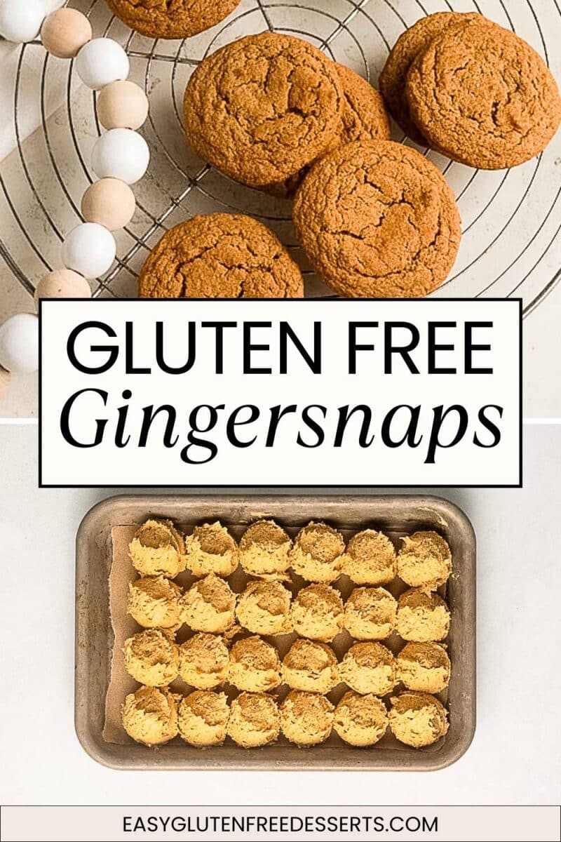 A cooling rack with gluten free ginger snaps and a baking tray filled with rows of cookie dough balls; text reads "Gluten Free Gingersnaps.