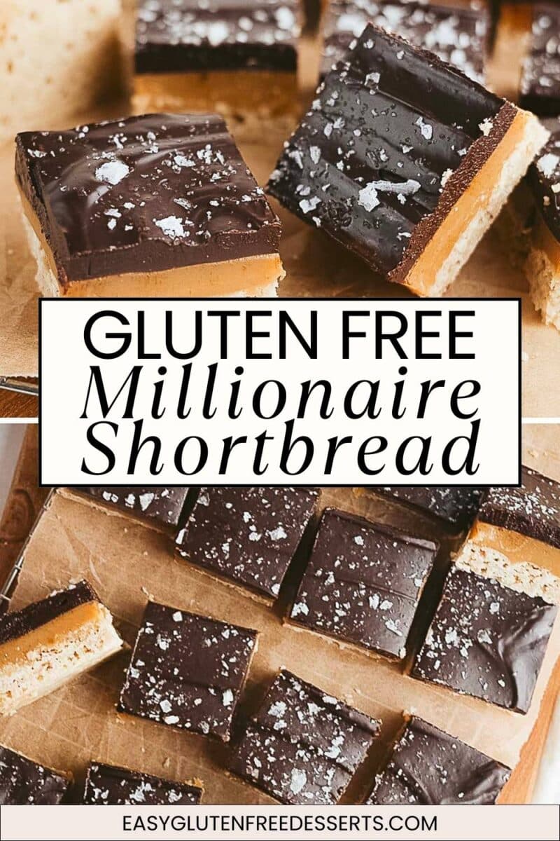 Squares of gluten free millionaire shortbread are topped with rich chocolate and a hint of sea salt, arranged beautifully on parchment paper.