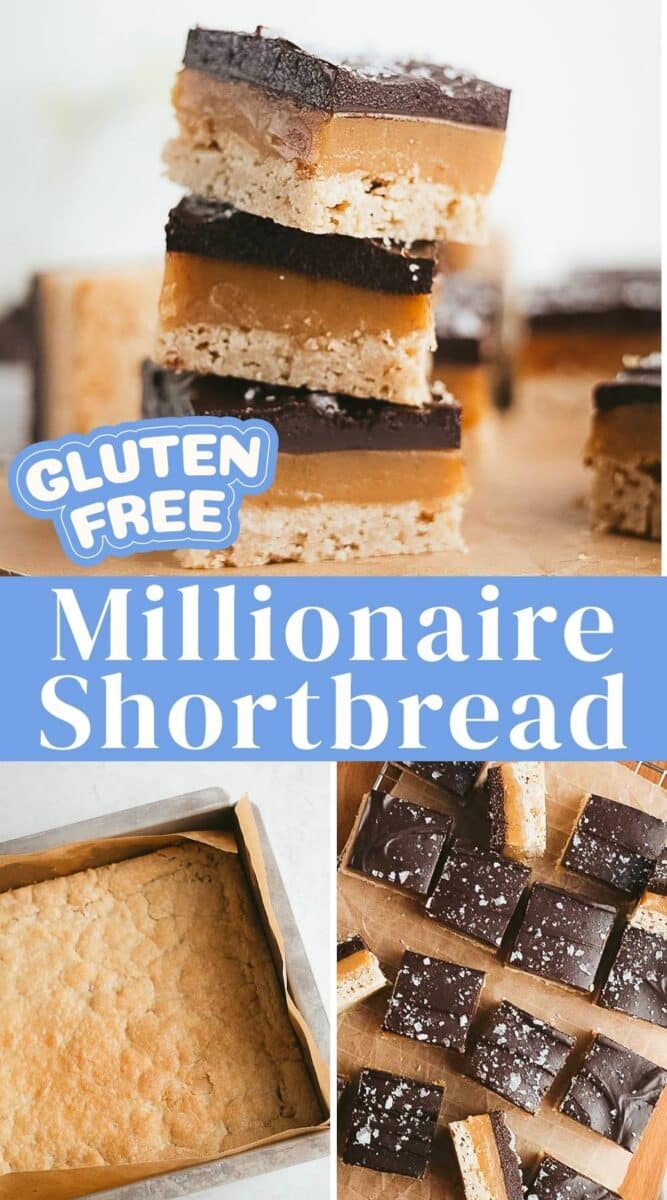 Gluten free millionaire shortbread bars stacked and sliced to reveal decadent layers of shortbread, caramel, and chocolate, with two prep images shown below.