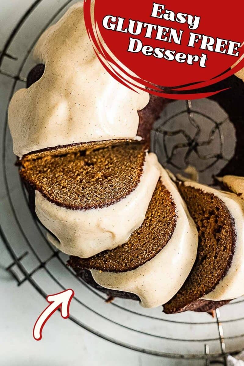 A gluten free gingerbread cake bundt with light frosting is sliced on a wire rack. A red label reads "Easy GLUTEN FREE Dessert" at the top.