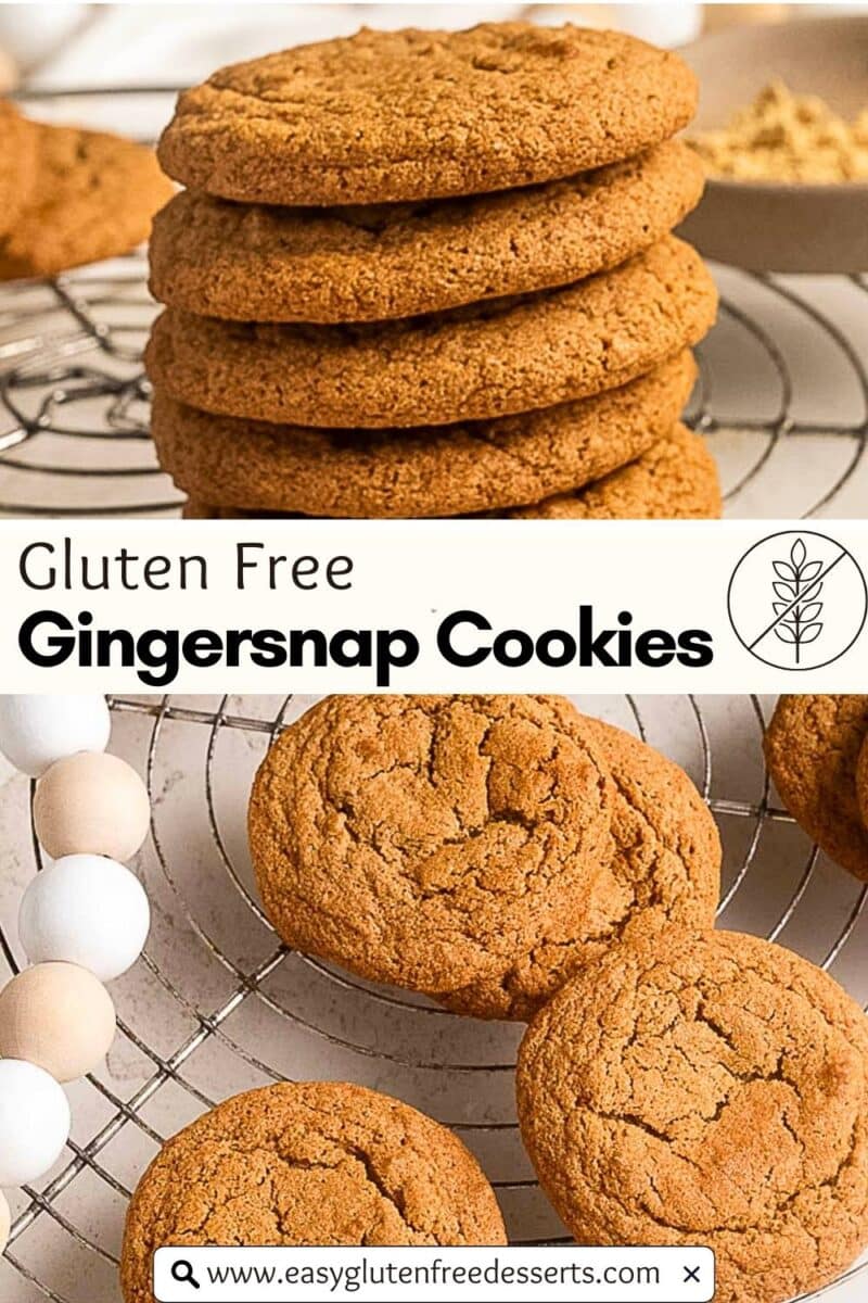 A stack and several individual gluten free ginger snaps are cooling on wire racks, accompanied by text promoting gluten free gingersnap cookies and a website URL.