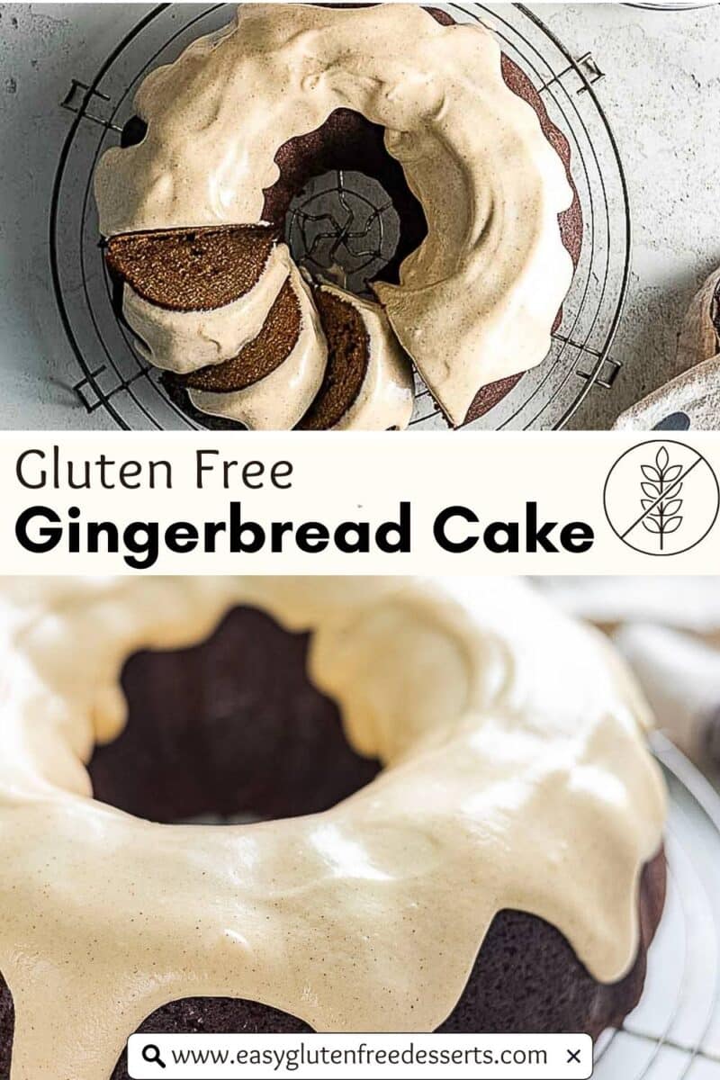 A gluten free gingerbread cake with light brown icing sits on a wire rack. The text reads "Gluten Free Gingerbread Cake" and a website URL appears at the bottom.