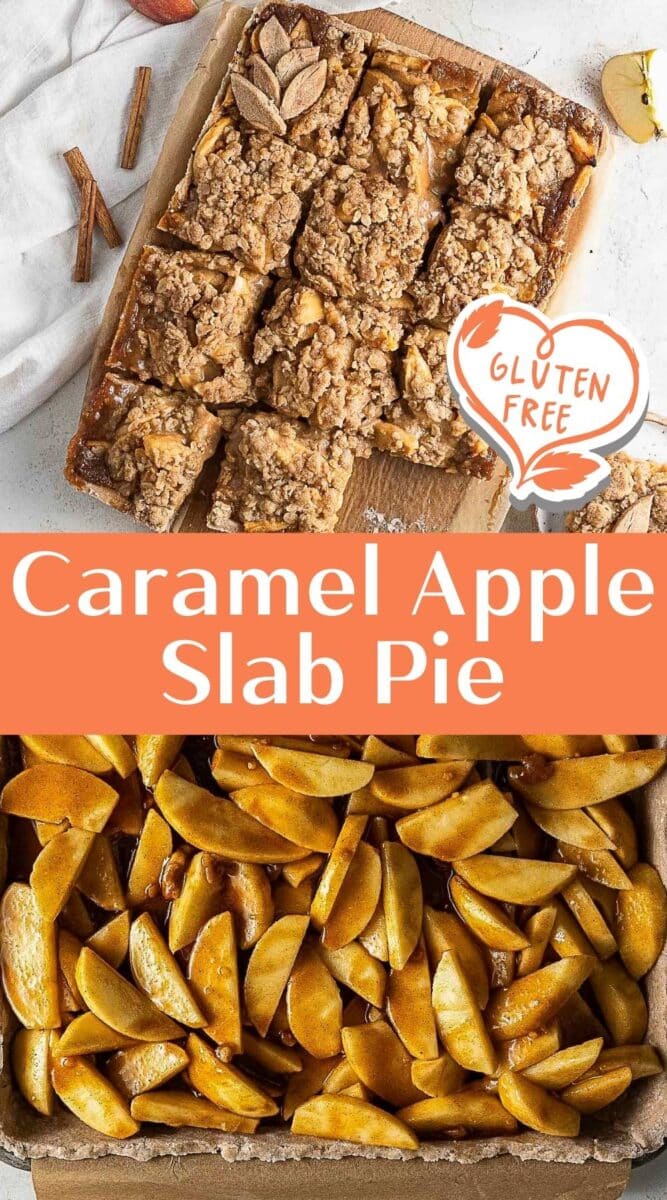 Top view of a gluten free caramel apple pie slab, cut into squares with crumb topping, set above a layer of sliced apples in rich caramel sauce.