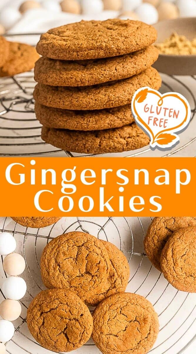 A stack and several gluten free ginger snaps are displayed on wire racks, with a label proudly indicating their gluten free status.