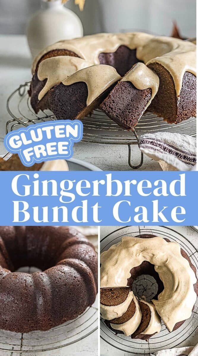 Three images show a gluten free gingerbread cake on a wire rack, topped with light brown icing, with text reading "Gluten Free Gingerbread Bundt Cake.