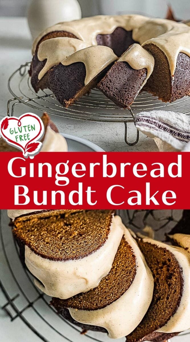 Gluten free gingerbread cake with icing, shown whole and sliced on a cooling rack, perfect for festive gatherings.
