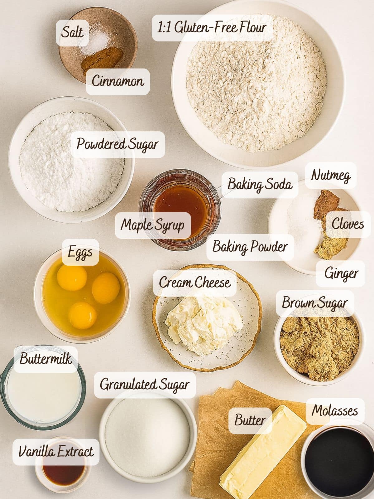 Assorted baking ingredients in bowls and plates for a delicious gluten free gingerbread cake, featuring gluten-free flour, eggs, sugars, cream cheese, buttermilk, butter, spices, maple syrup, molasses, and vanilla extract.