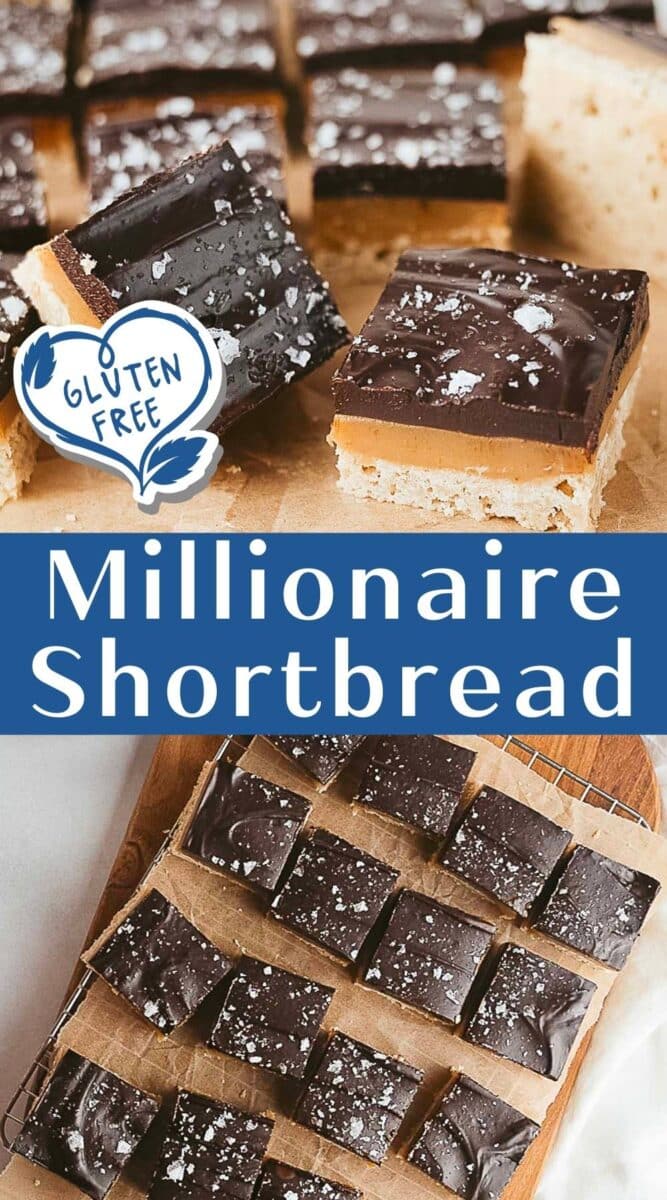 Squares of gluten free millionaire shortbread topped with chocolate and sea salt are arranged on parchment paper and a cooling rack.