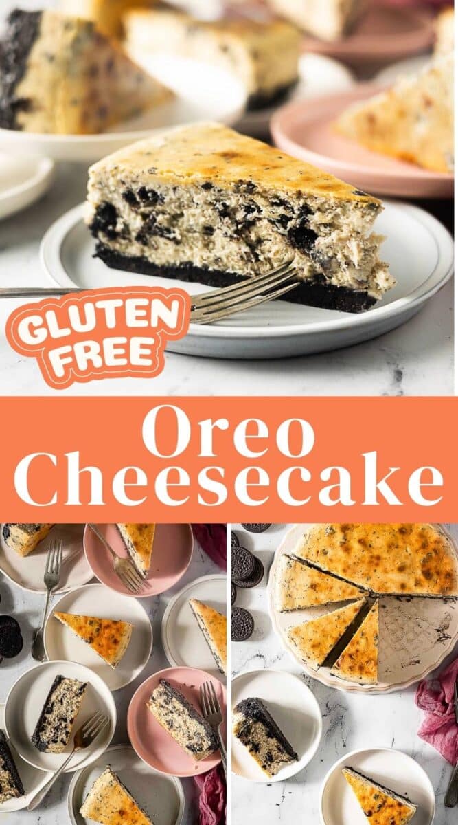 Collage featuring slices and a whole Gluten Free Oreo Cheesecake on plates