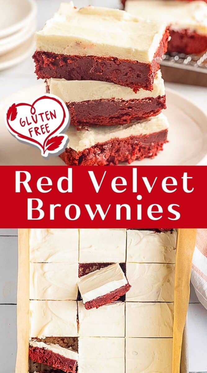 Gluten Free Red Velvet Brownies with cream cheese frosting are stacked on a plate and cut into squares, displayed on a parchment-lined tray for a delicious, allergy-friendly treat.