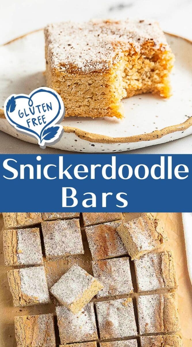 A plate with a partially eaten gluten free snickerdoodle bar sits above a tray of freshly cut gluten free snickerdoodle bars.