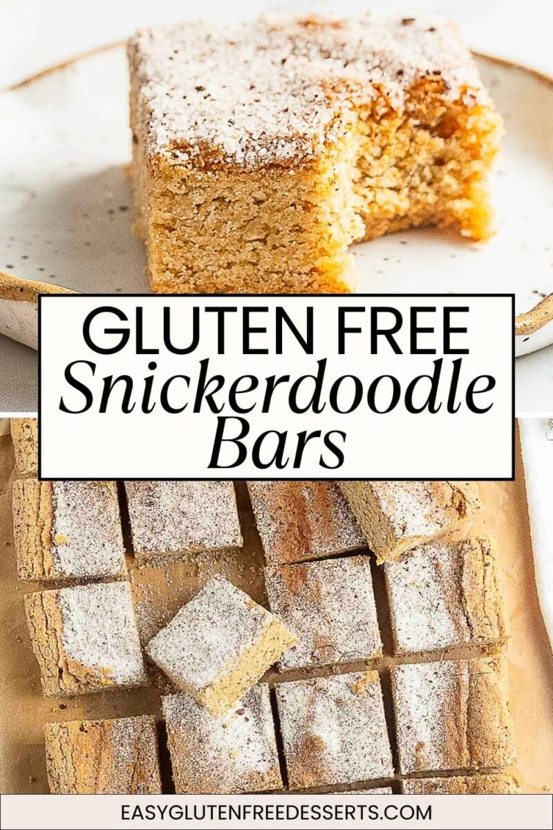 A plate with a square gluten free snickerdoodle bar, one bite taken, sits beside a tray of freshly cut gluten free snickerdoodle bars