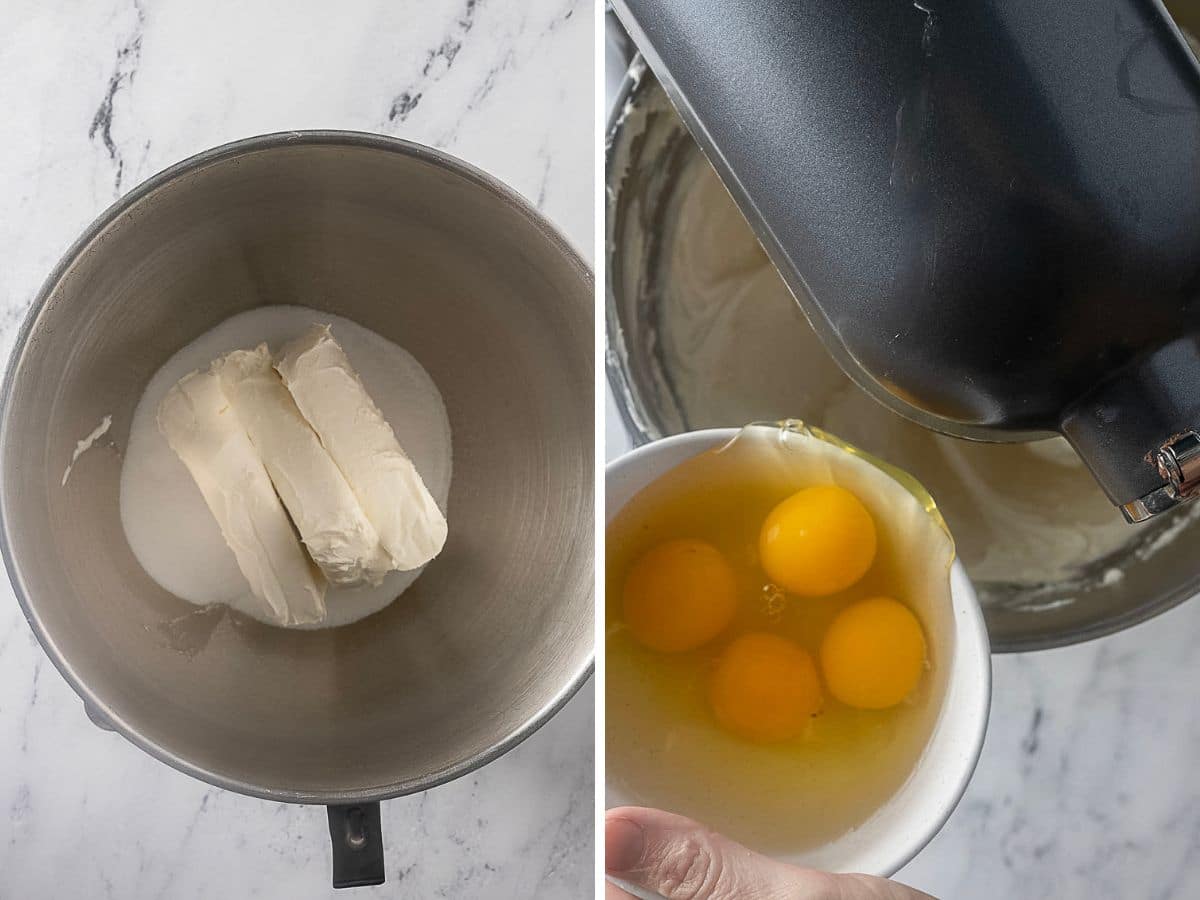 Split image: Left side shows sugar and cream cheese in a mixing bowl; right side shows four eggs being added to a stand mixer with cream cheese mixture.