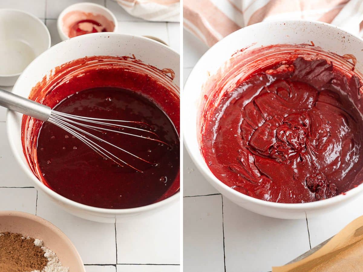 Two white bowls on a counter: the left bowl contains a smooth red batter being whisked; the right bowl contains a thicker, mixed red batter. Baking ingredients are visible nearby.