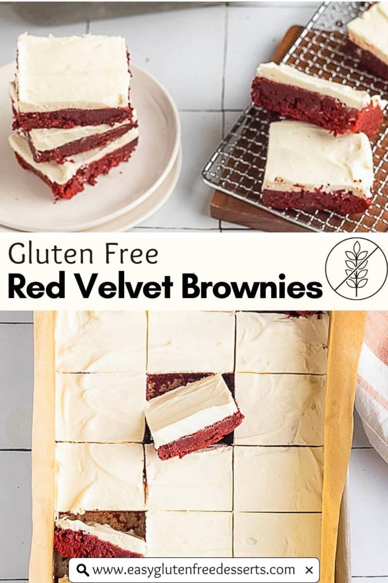 Gluten Free Red Velvet Brownies with cream cheese frosting, shown sliced on a plate, cooling rack, and in a parchment-lined pan—perfect for a decadent gluten-free treat.