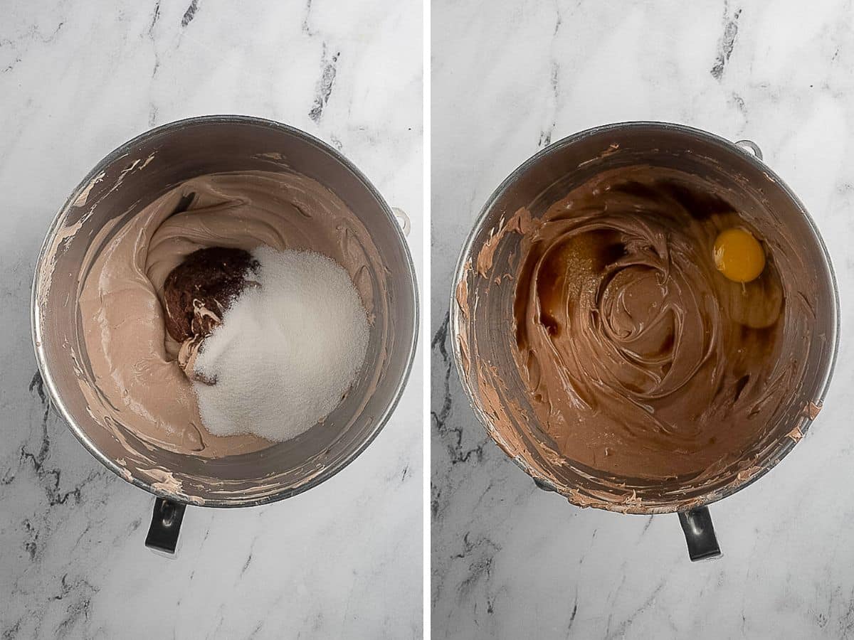 Two metal mixing bowls on a marble surface: the left contains chocolate batter with sugar poured on top; the right contains chocolate batter with an egg just added.
